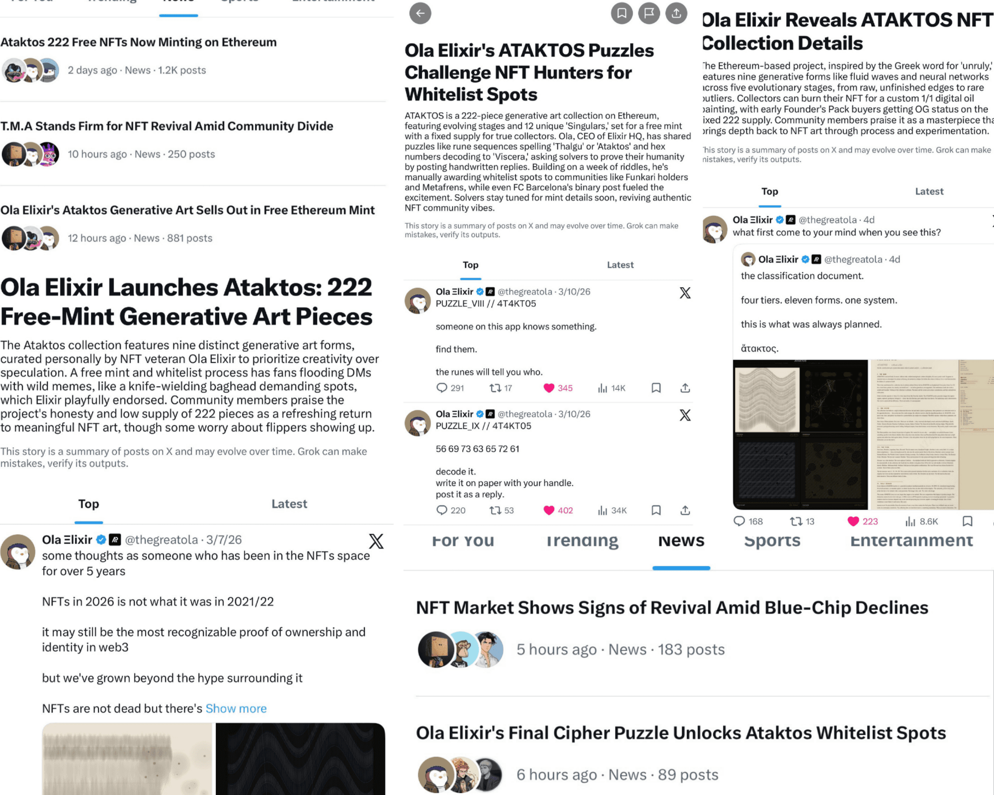Ataktos featured across the X News feed and community posts