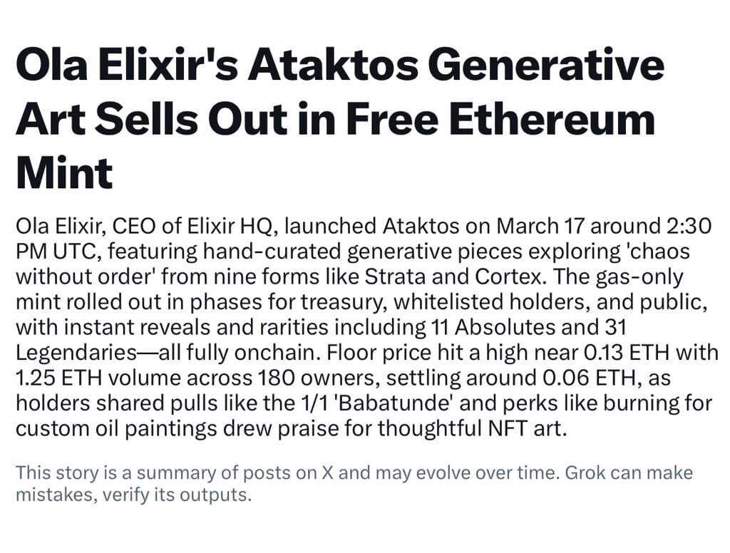 News article headline: Ataktos generative art sells out in a free Ethereum mint