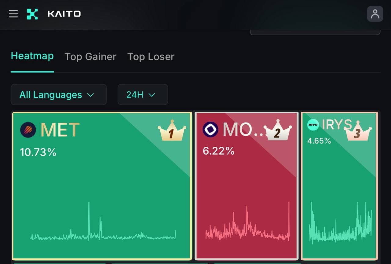 Kaito mindshare heatmap showing IRYS ranked third across all languages