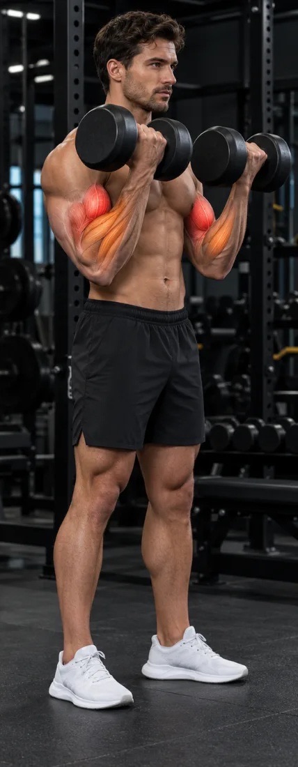 Dumbbell curl with the biceps highlighted